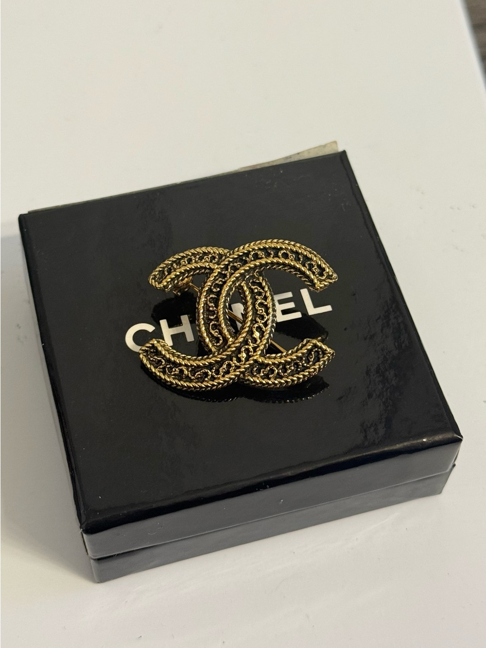 CHANEL Gold Textured CC Vintage Brooch